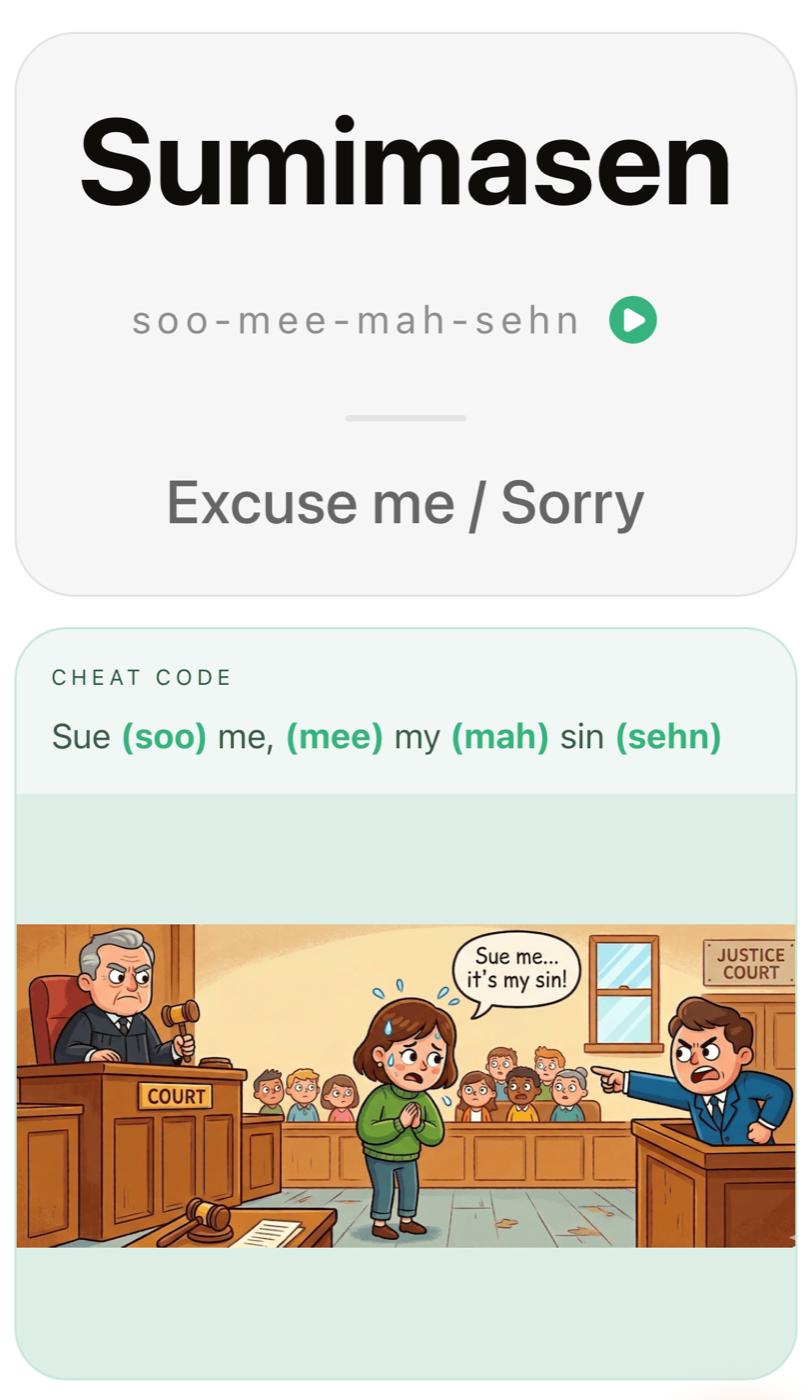 Travelingo mnemonic card for the Japanese word Sumimasen, meaning excuse me or sorry, with the cheat code sue me, my sin and a courtroom illustration